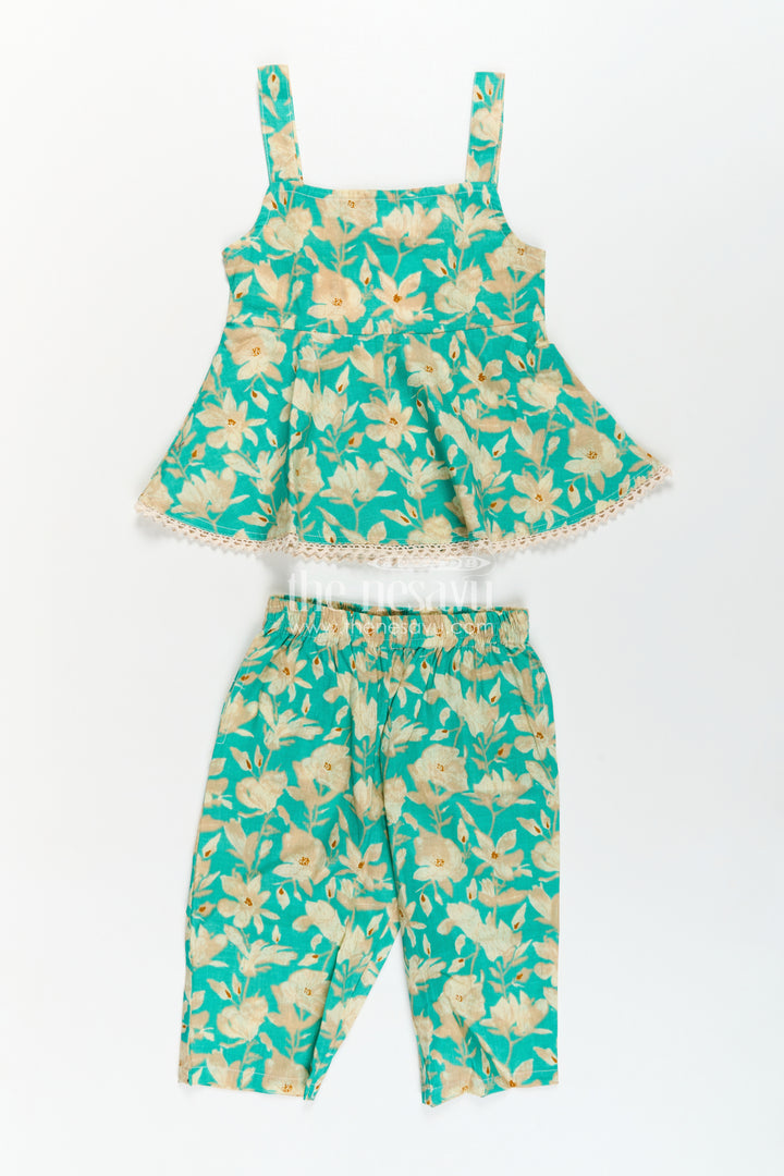 Girls Cotton Party Wear Dresses Online Style Set in Green Floral Print with Sleeveless Top