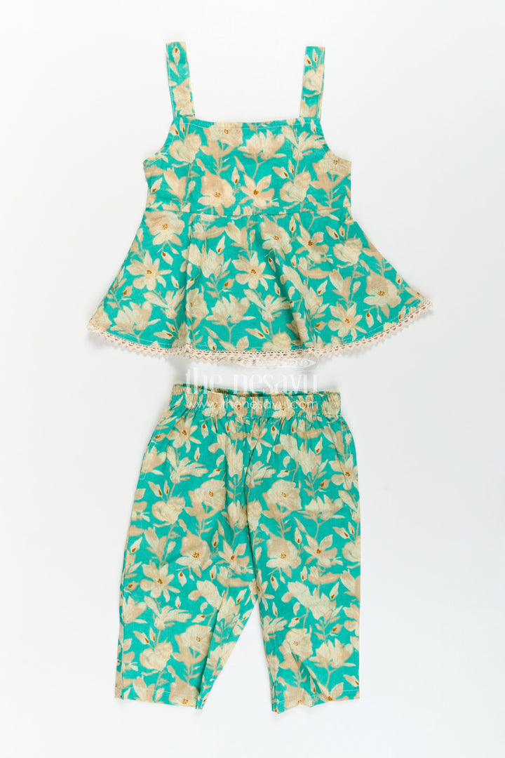 Girls Cotton Party Wear Dresses Online Style Set in Green Floral Print with Sleeveless Top
