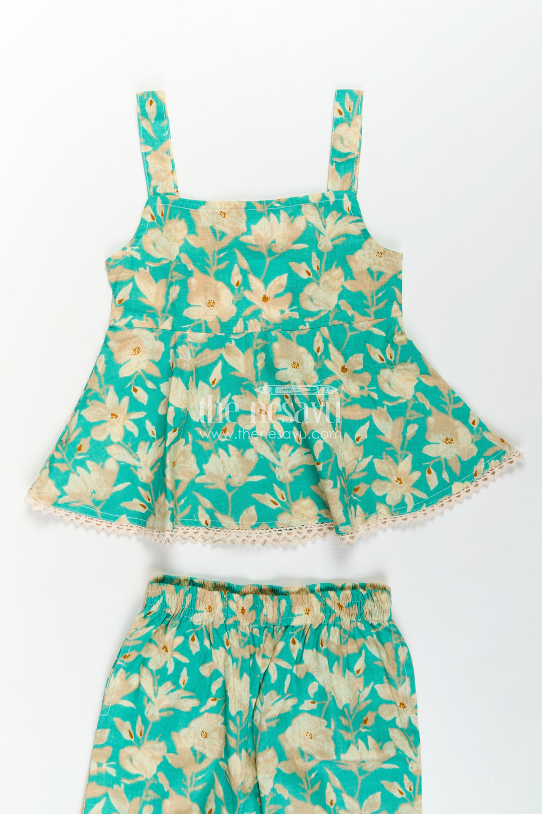 Girls Cotton Party Wear Dresses Online Style Set in Green Floral Print with Sleeveless Top