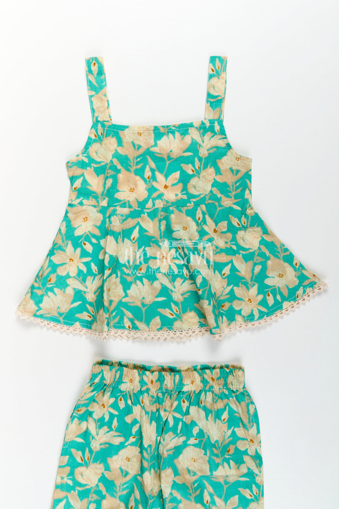 Girls Cotton Party Wear Dresses Online Style Set in Green Floral Print with Sleeveless Top