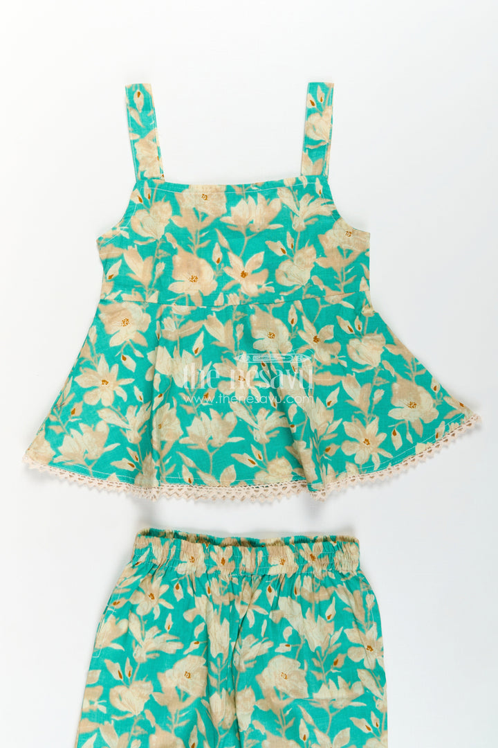 Girls Cotton Party Wear Dresses Online Style Set in Green Floral Print with Sleeveless Top