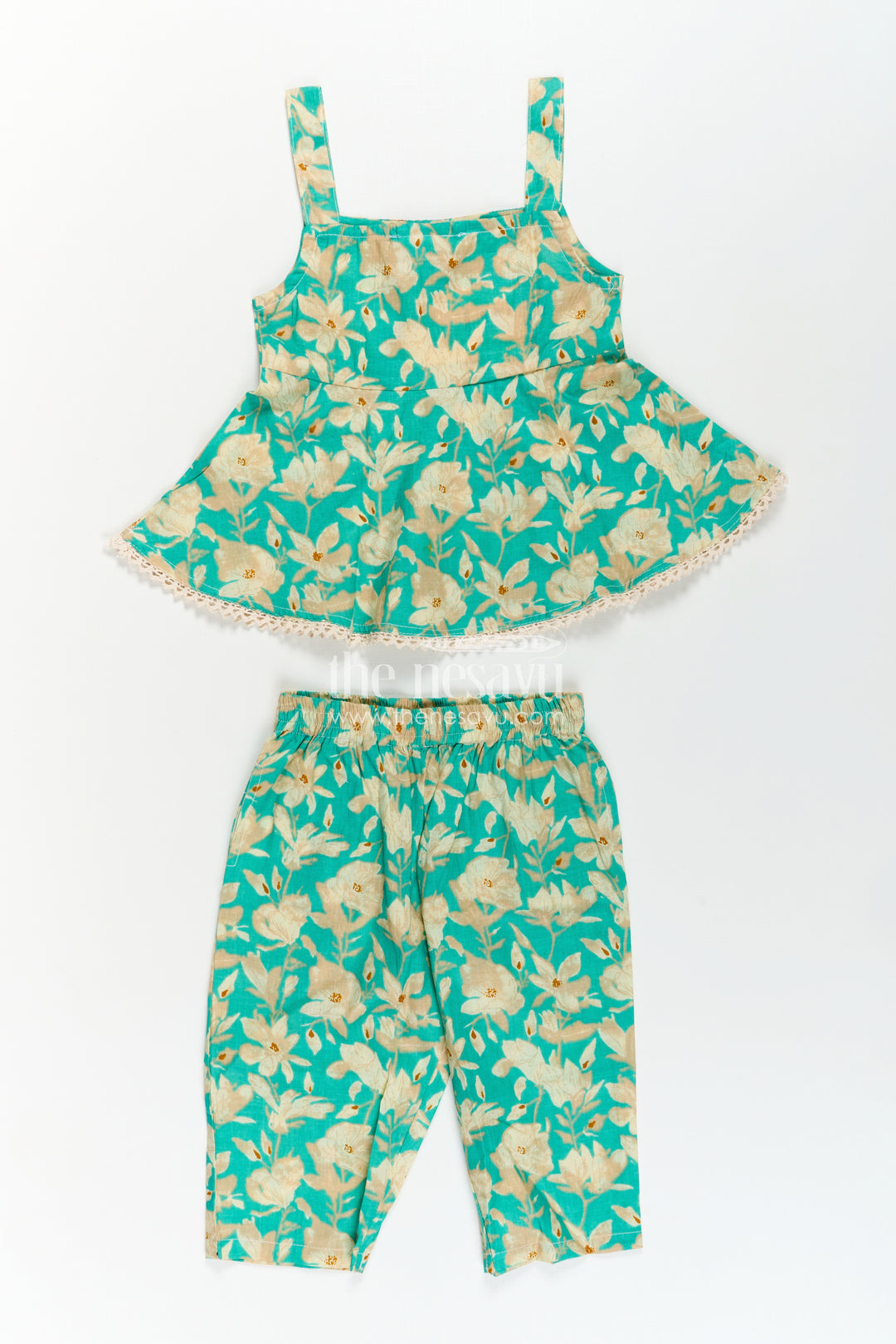 Girls Cotton Party Wear Dresses Online Style Set in Green Floral Print with Sleeveless Top