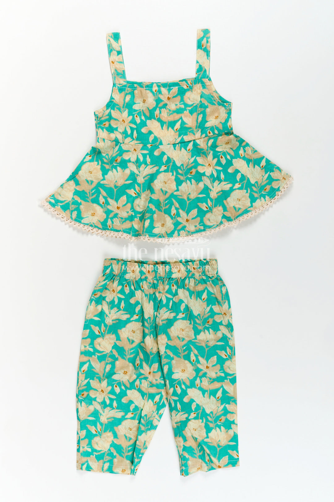 Girls Cotton Party Wear Dresses Online Style Set in Green Floral Print with Sleeveless Top