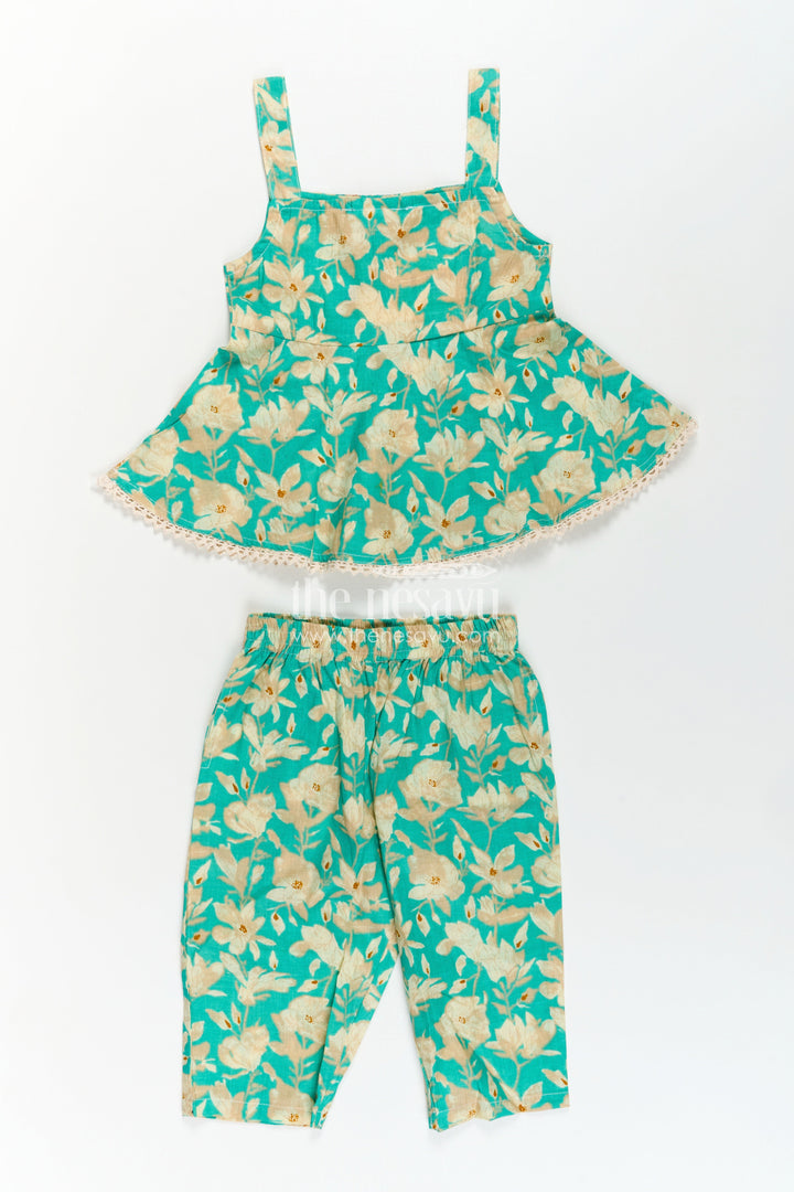 Girls Cotton Party Wear Dresses Online Style Set in Green Floral Print with Sleeveless Top