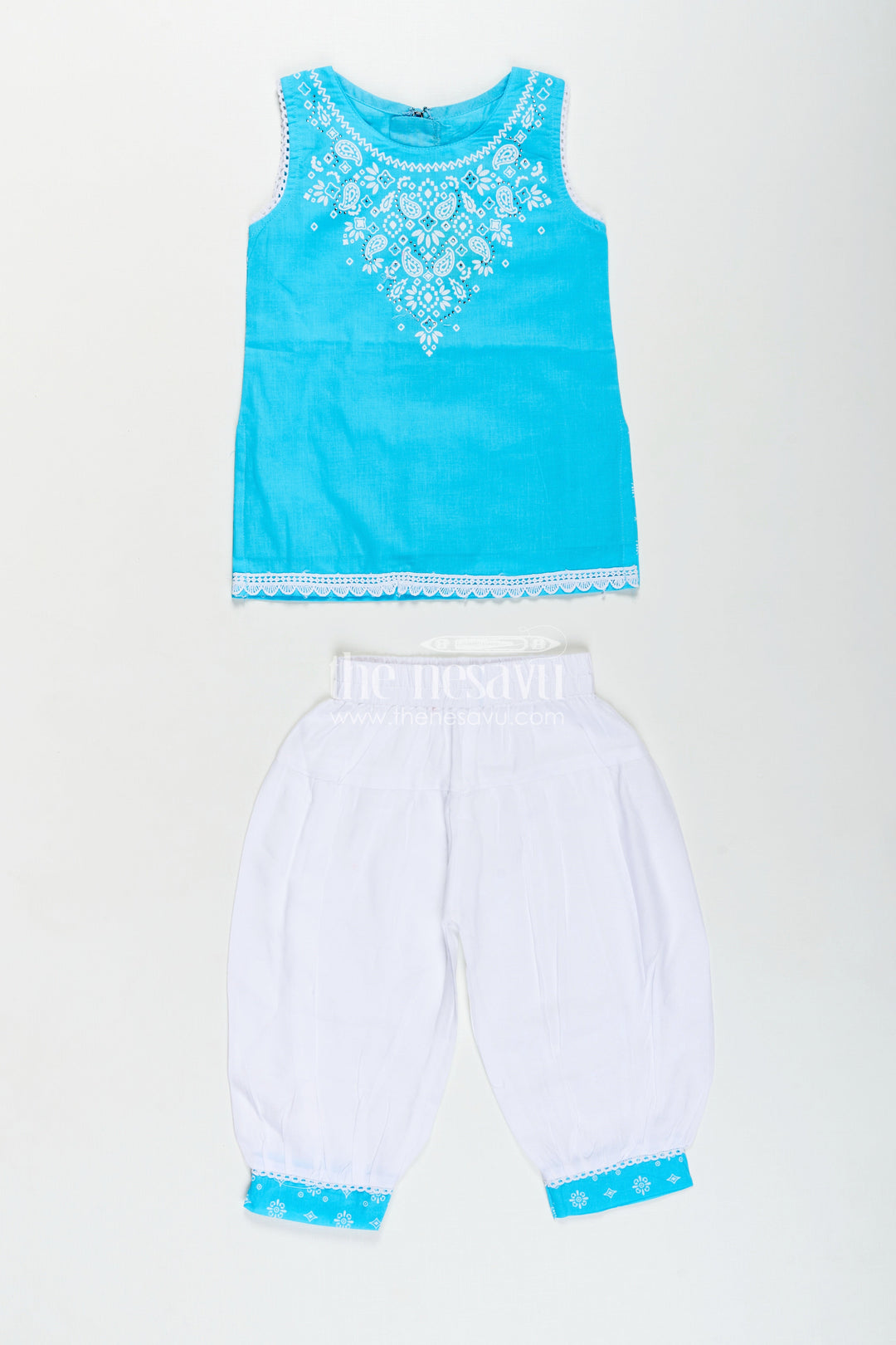 Girls Designer Chudi Set in Blue and White with Stone Embellished Yoke and Embroidered Hem