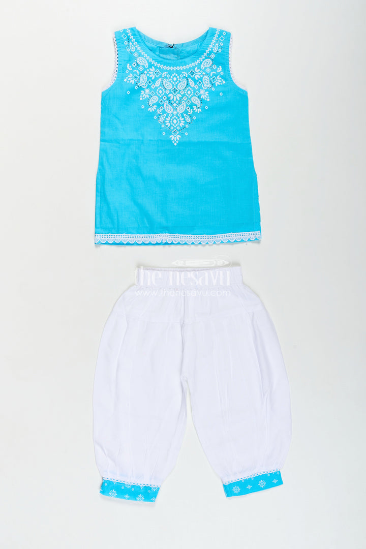 Girls Designer Chudi Set in Blue and White with Stone Embellished Yoke and Embroidered Hem