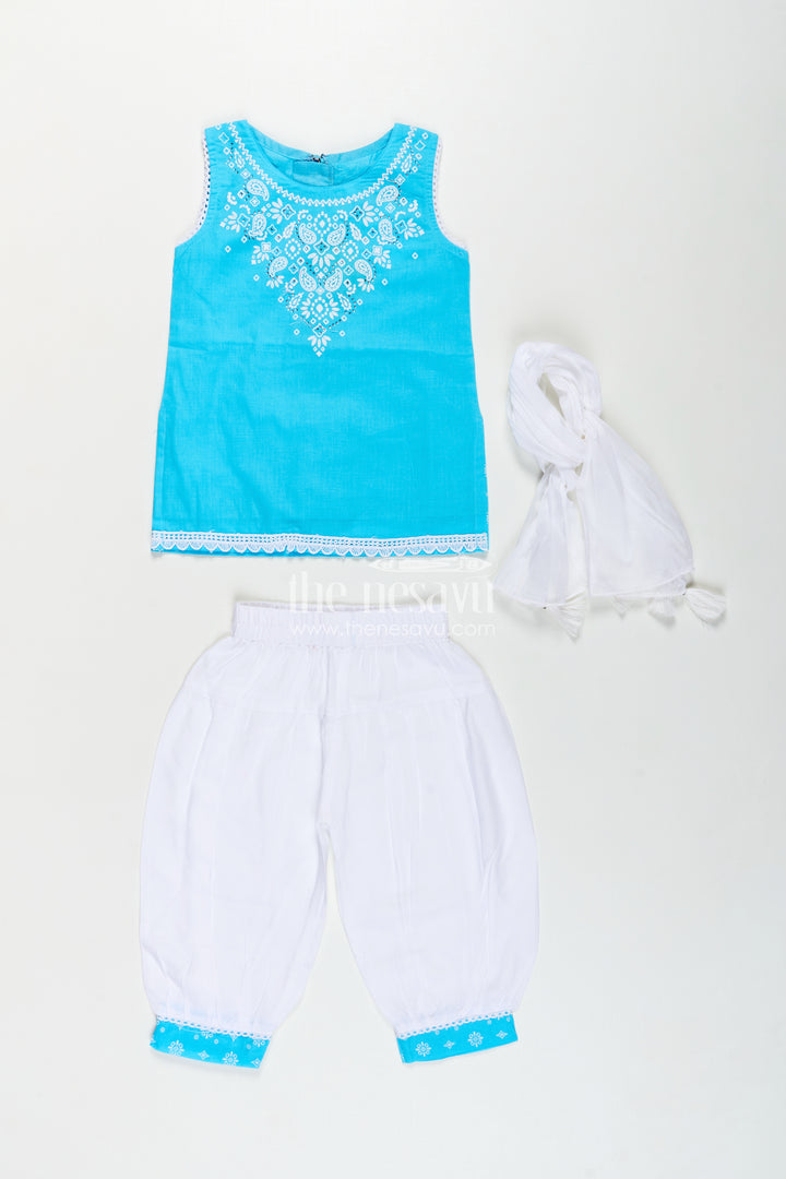 Girls Designer Chudi Set in Blue and White with Stone Embellished Yoke and Embroidered Hem