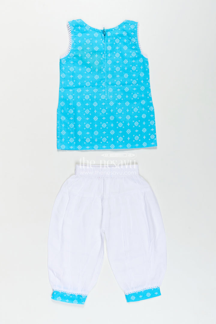 Girls Designer Chudi Set in Blue and White with Stone Embellished Yoke and Embroidered Hem