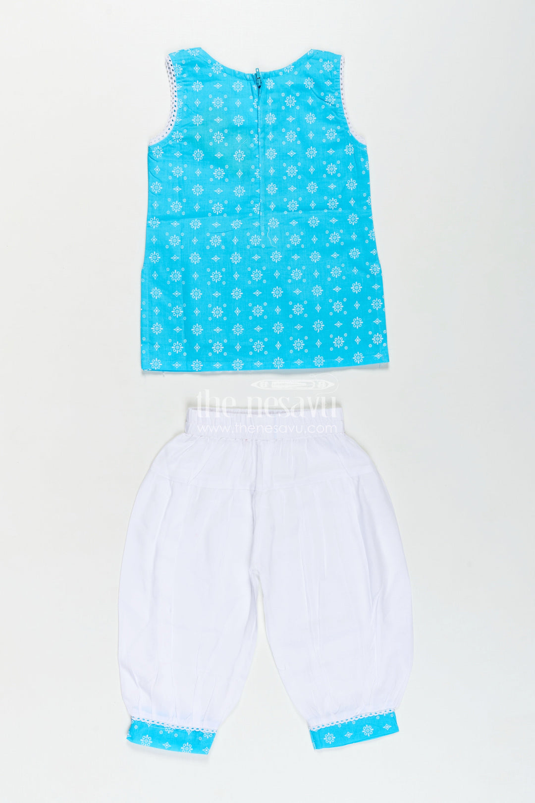 Girls Designer Chudi Set in Blue and White with Stone Embellished Yoke and Embroidered Hem