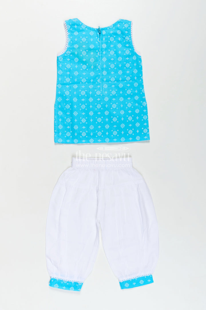 Girls Designer Chudi Set in Blue and White with Stone Embellished Yoke and Embroidered Hem
