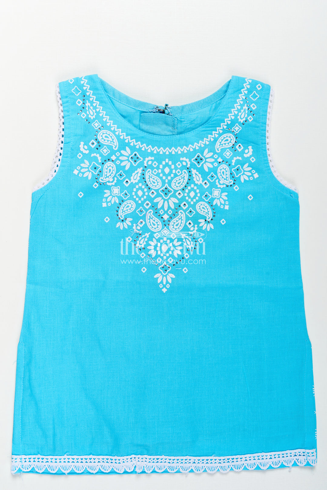Girls Designer Chudi Set in Blue and White with Stone Embellished Yoke and Embroidered Hem