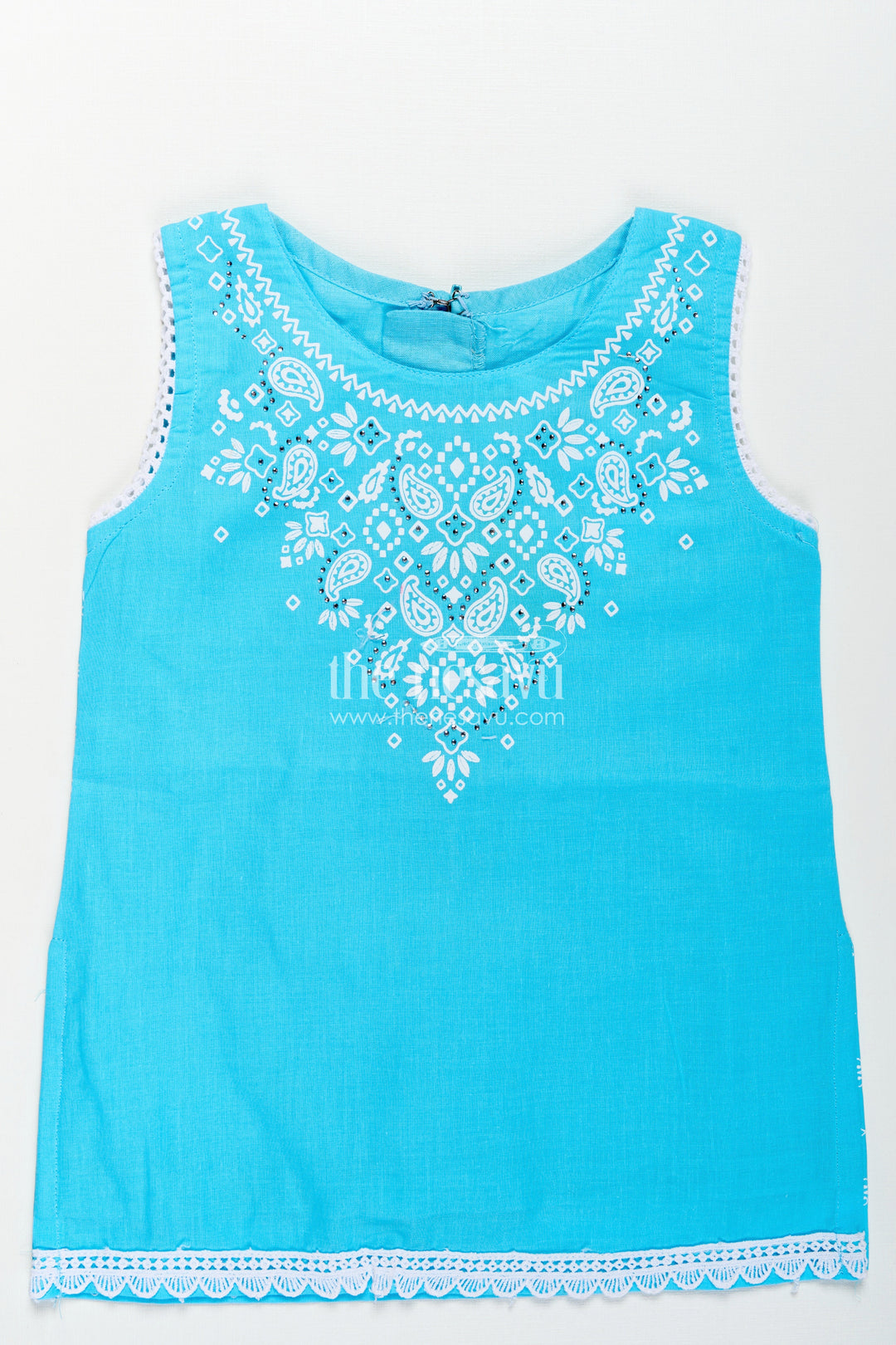 Girls Designer Chudi Set in Blue and White with Stone Embellished Yoke and Embroidered Hem