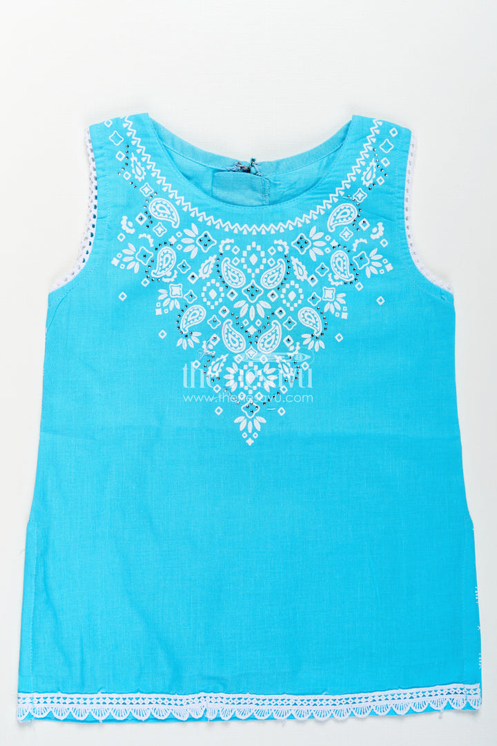 Girls Designer Chudi Set in Blue and White with Stone Embellished Yoke and Embroidered Hem
