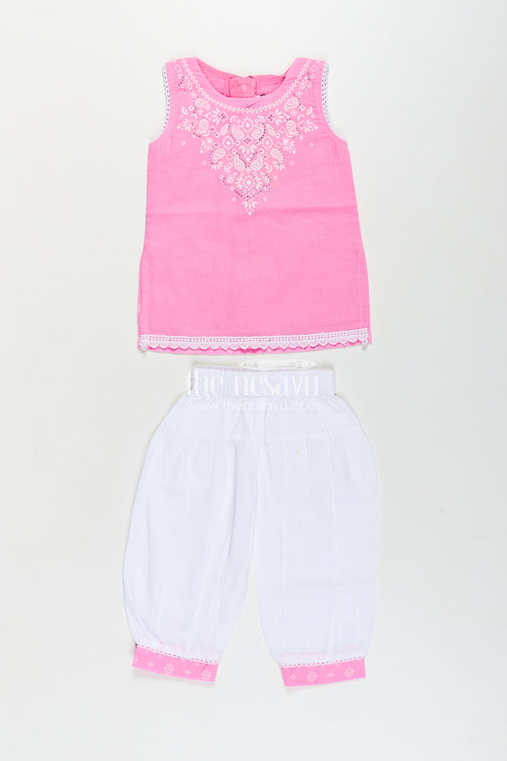 Girls Cotton Printed Pink Chudi Set with Stone Embellishment and Intricate Embroidery Accents