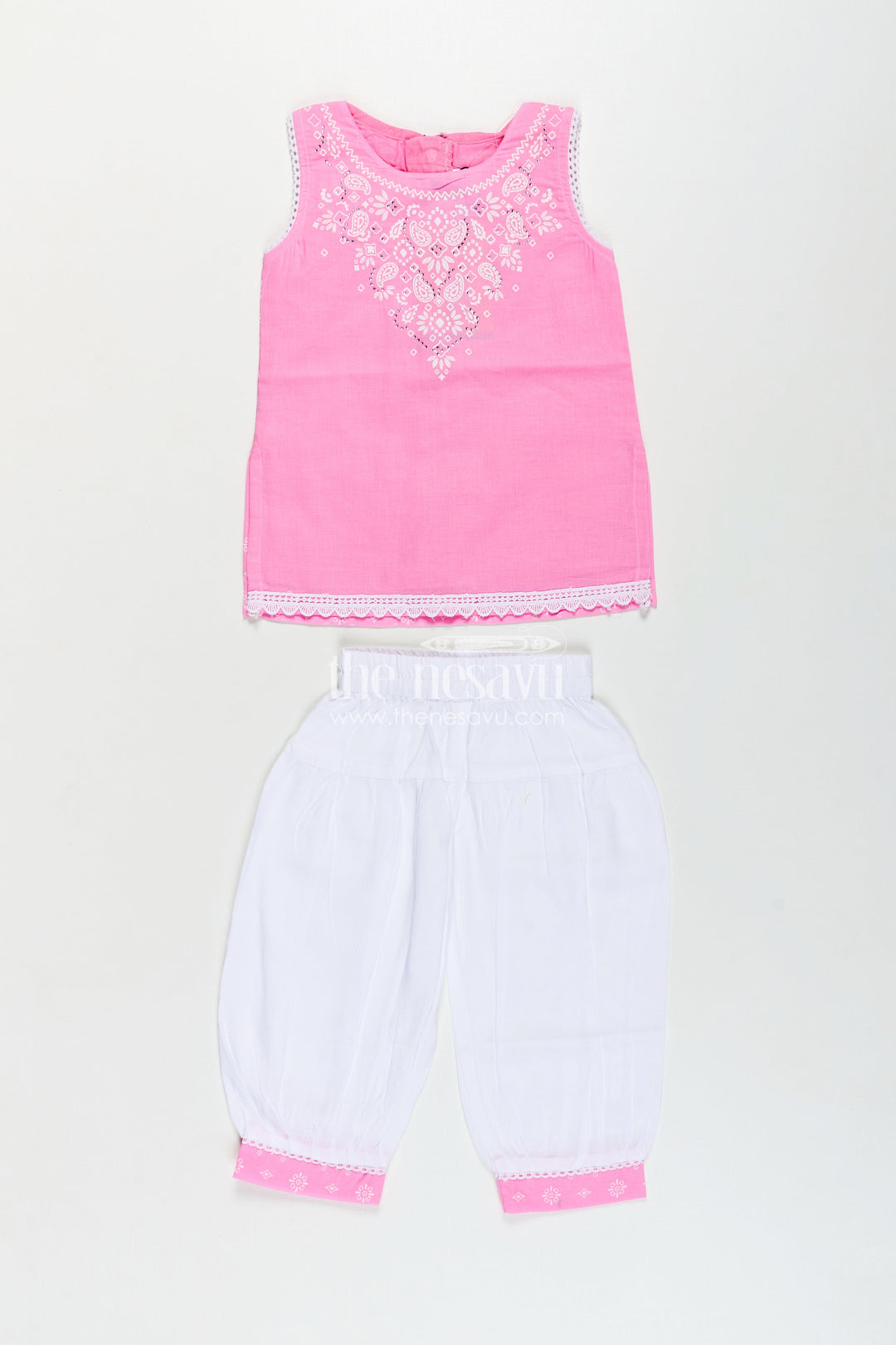 Girls Cotton Printed Pink Chudi Set with Stone Embellishment and Intricate Embroidery Accents