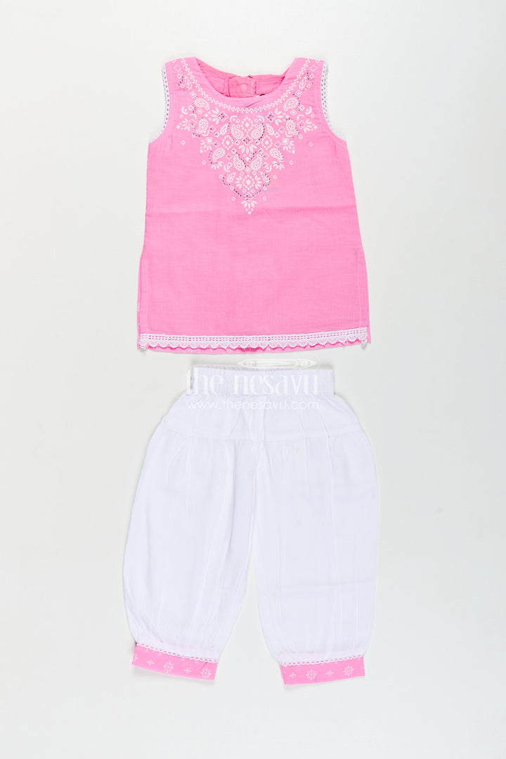 Girls Cotton Printed Pink Chudi Set with Stone Embellishment and Intricate Embroidery Accents