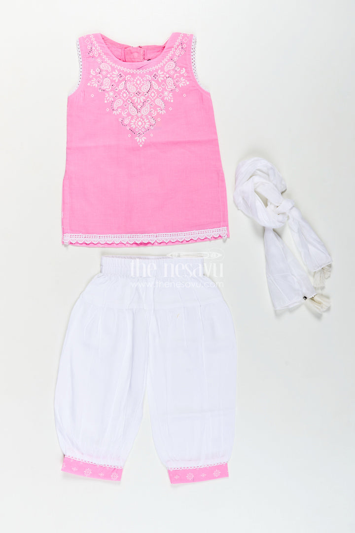 Girls Cotton Printed Pink Chudi Set with Stone Embellishment and Intricate Embroidery Accents