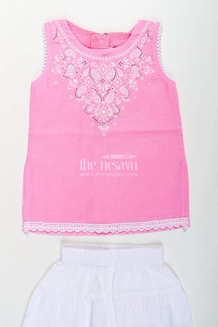 Girls Cotton Printed Pink Chudi Set with Stone Embellishment and Intricate Embroidery Accents