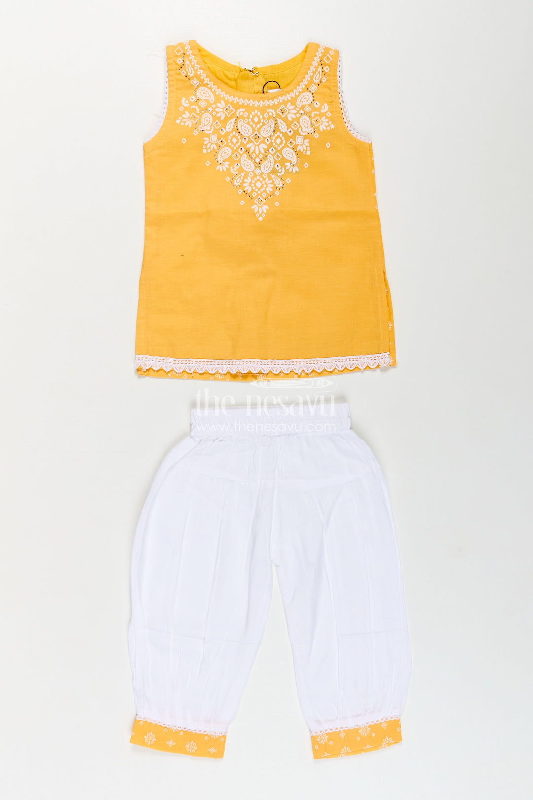 Girls Cotton Latest Chudi Set in Yellow with Stone Embellishment and Contrasting Dhoti Bottoms