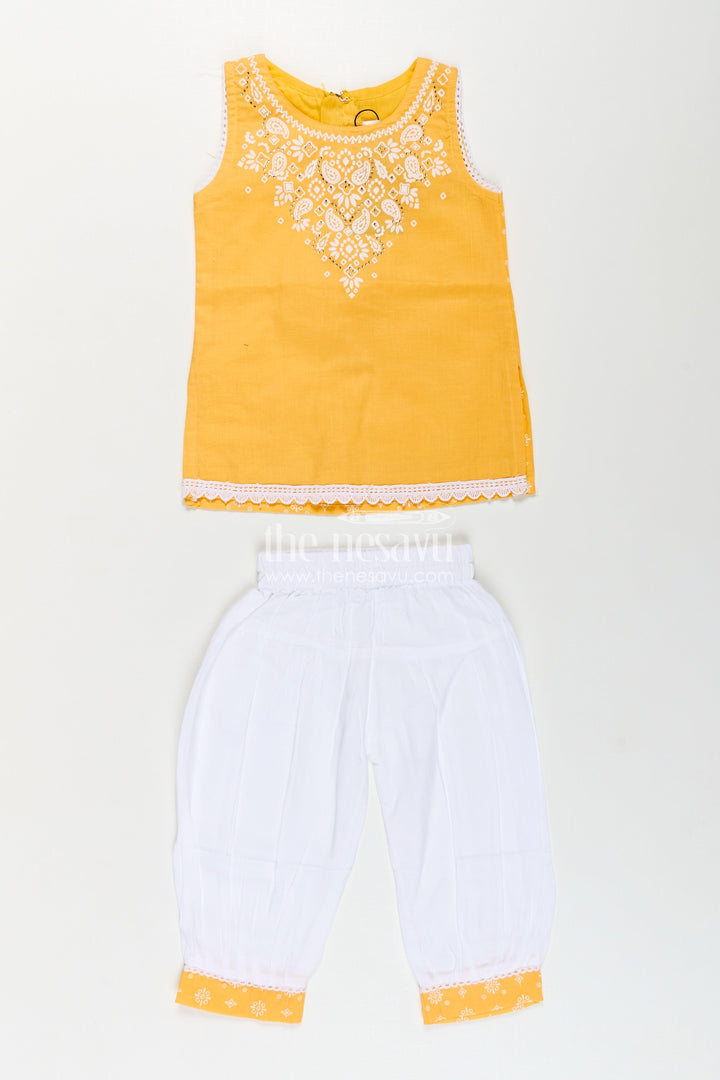 Girls Cotton Latest Chudi Set in Yellow with Stone Embellishment and Contrasting Dhoti Bottoms