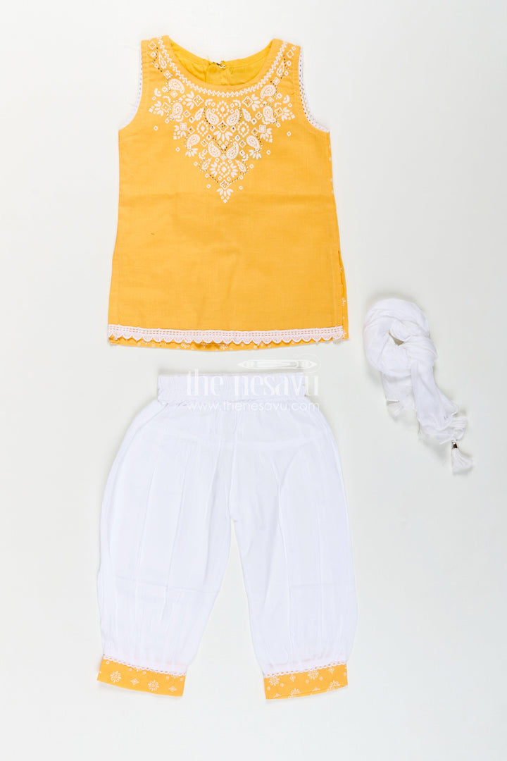 Girls Cotton Latest Chudi Set in Yellow with Stone Embellishment and Contrasting Dhoti Bottoms