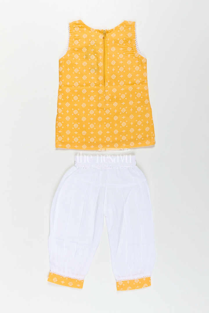 Girls Cotton Latest Chudi Set in Yellow with Stone Embellishment and Contrasting Dhoti Bottoms