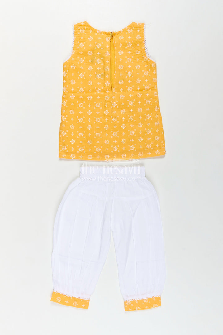 Girls Cotton Latest Chudi Set in Yellow with Stone Embellishment and Contrasting Dhoti Bottoms