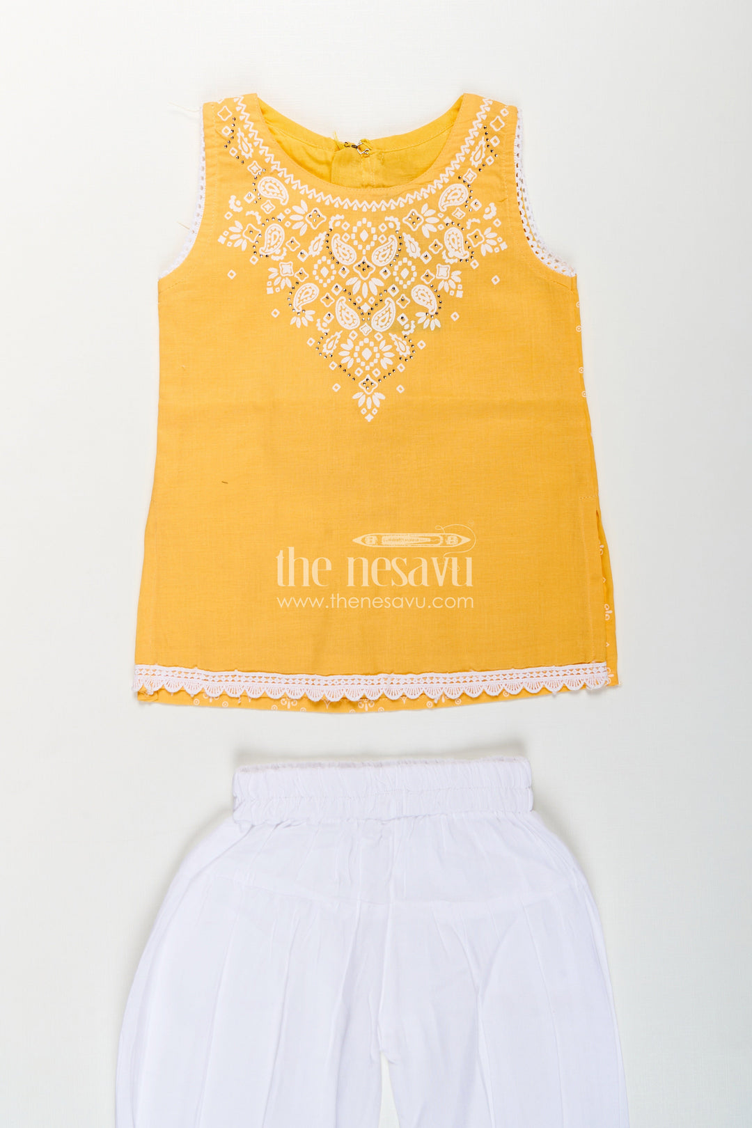 Girls Cotton Latest Chudi Set in Yellow with Stone Embellishment and Contrasting Dhoti Bottoms
