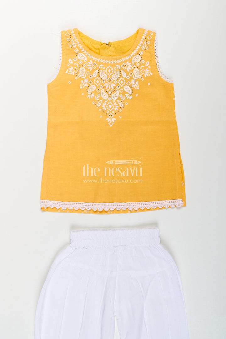 Girls Cotton Latest Chudi Set in Yellow with Stone Embellishment and Contrasting Dhoti Bottoms