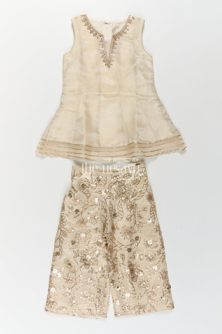 Girls White Infant Dress in Viscose Tissue with Embroidered Sequins and Designer Churidar Bottom