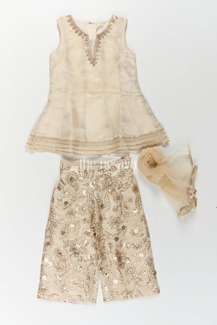 Girls White Infant Dress in Viscose Tissue with Embroidered Sequins and Designer Churidar Bottom