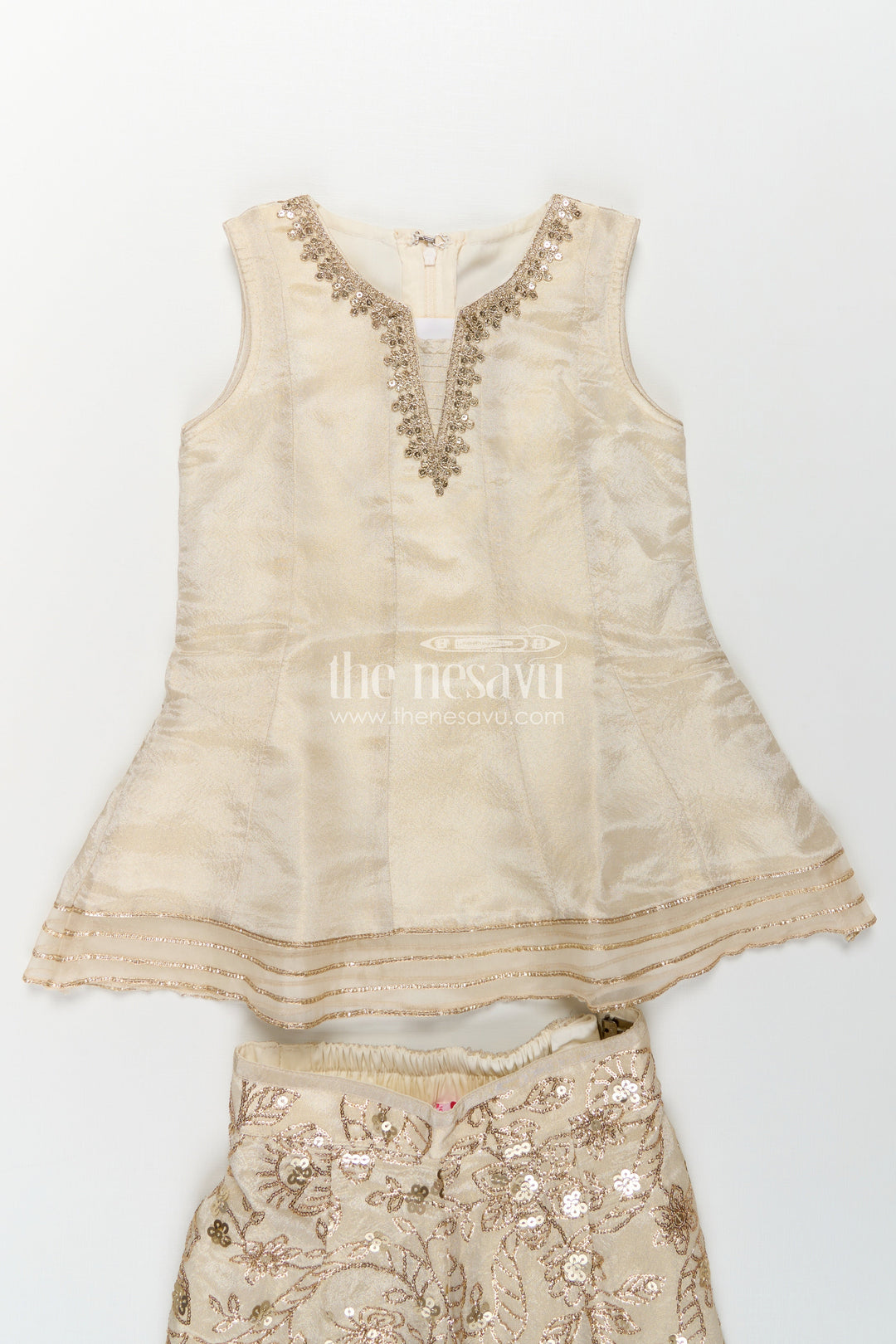 Girls White Infant Dress in Viscose Tissue with Embroidered Sequins and Designer Churidar Bottom