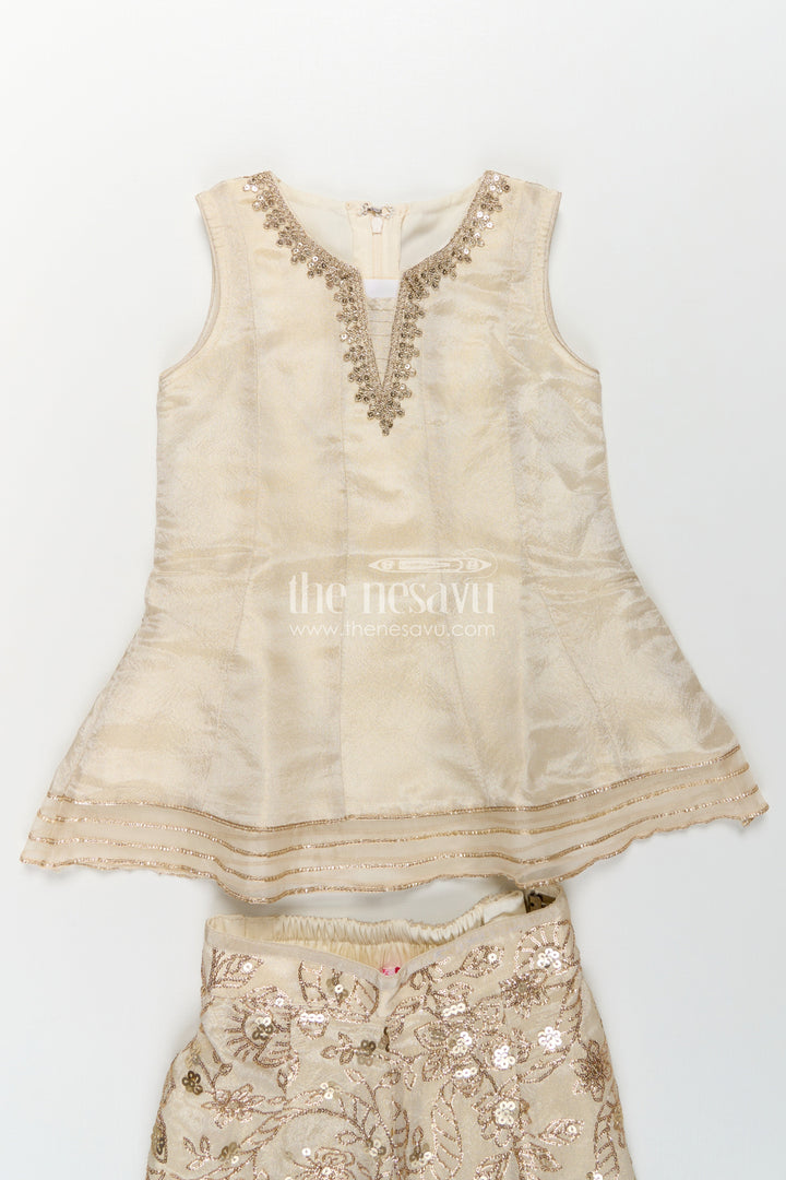 Girls White Infant Dress in Viscose Tissue with Embroidered Sequins and Designer Churidar Bottom