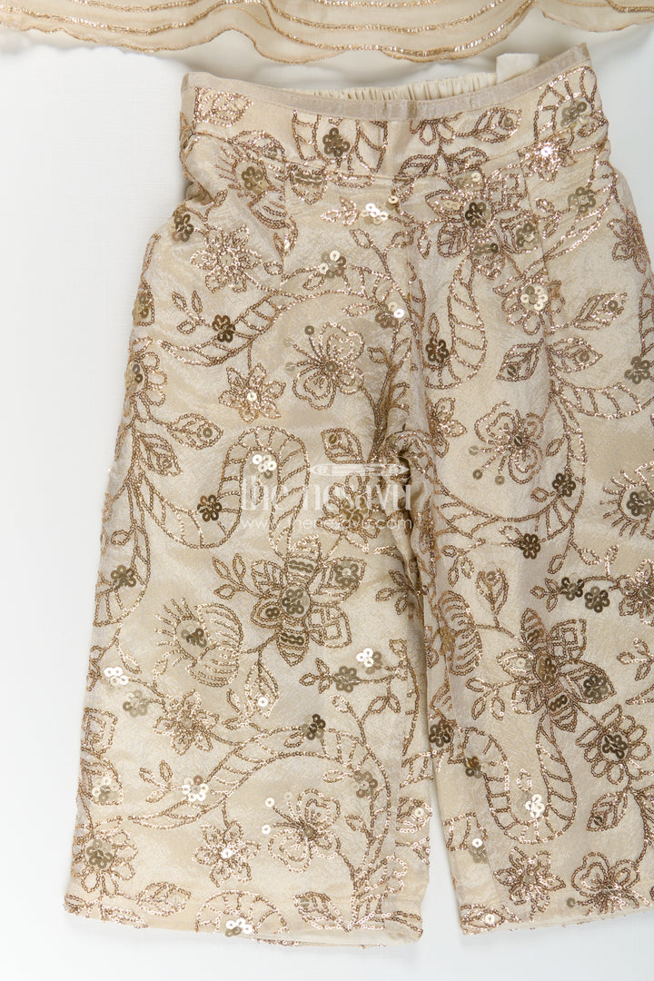 Girls White Infant Dress in Viscose Tissue with Embroidered Sequins and Designer Churidar Bottom