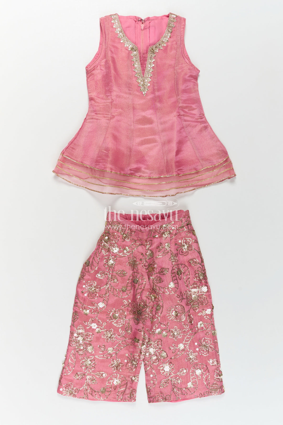 Girls Pink Sharara Set in Viscose Tissue with Embroidered Sequin Floral Patterns and Dupatta