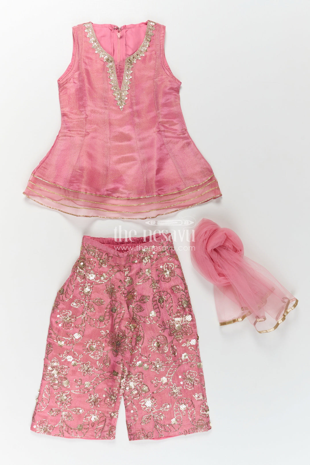 Girls Pink Sharara Set in Viscose Tissue with Embroidered Sequin Floral Patterns and Dupatta
