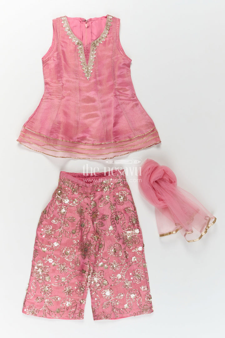 Girls Pink Sharara Set in Viscose Tissue with Embroidered Sequin Floral Patterns and Dupatta