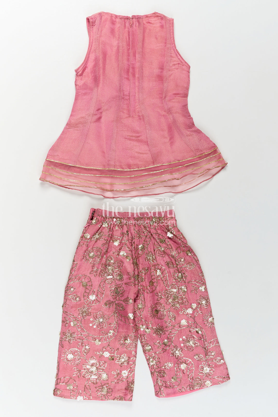 Girls Pink Sharara Set in Viscose Tissue with Embroidered Sequin Floral Patterns and Dupatta