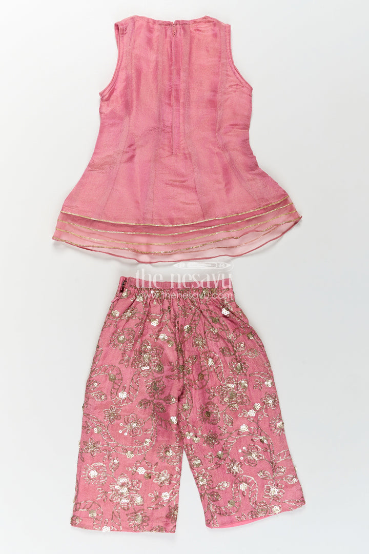 Girls Pink Sharara Set in Viscose Tissue with Embroidered Sequin Floral Patterns and Dupatta