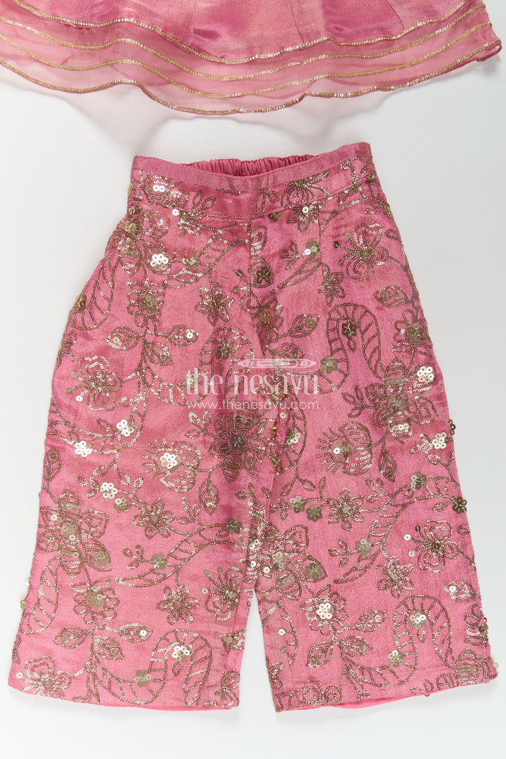 Girls Pink Sharara Set in Viscose Tissue with Embroidered Sequin Floral Patterns and Dupatta