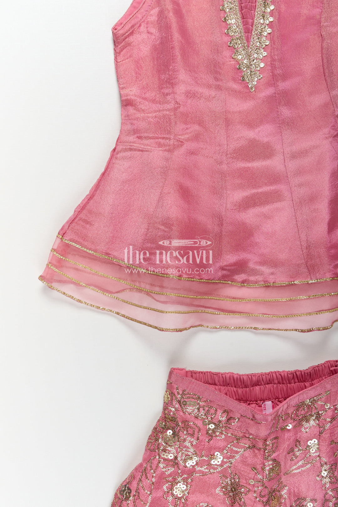 Girls Pink Sharara Set in Viscose Tissue with Embroidered Sequin Floral Patterns and Dupatta