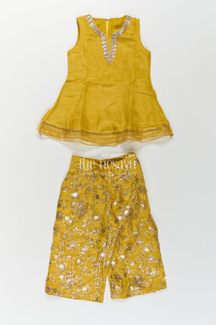 Girls Mustard Dress of Sharara in Viscose Tissue with Designer Sequin Embroidered Pants
