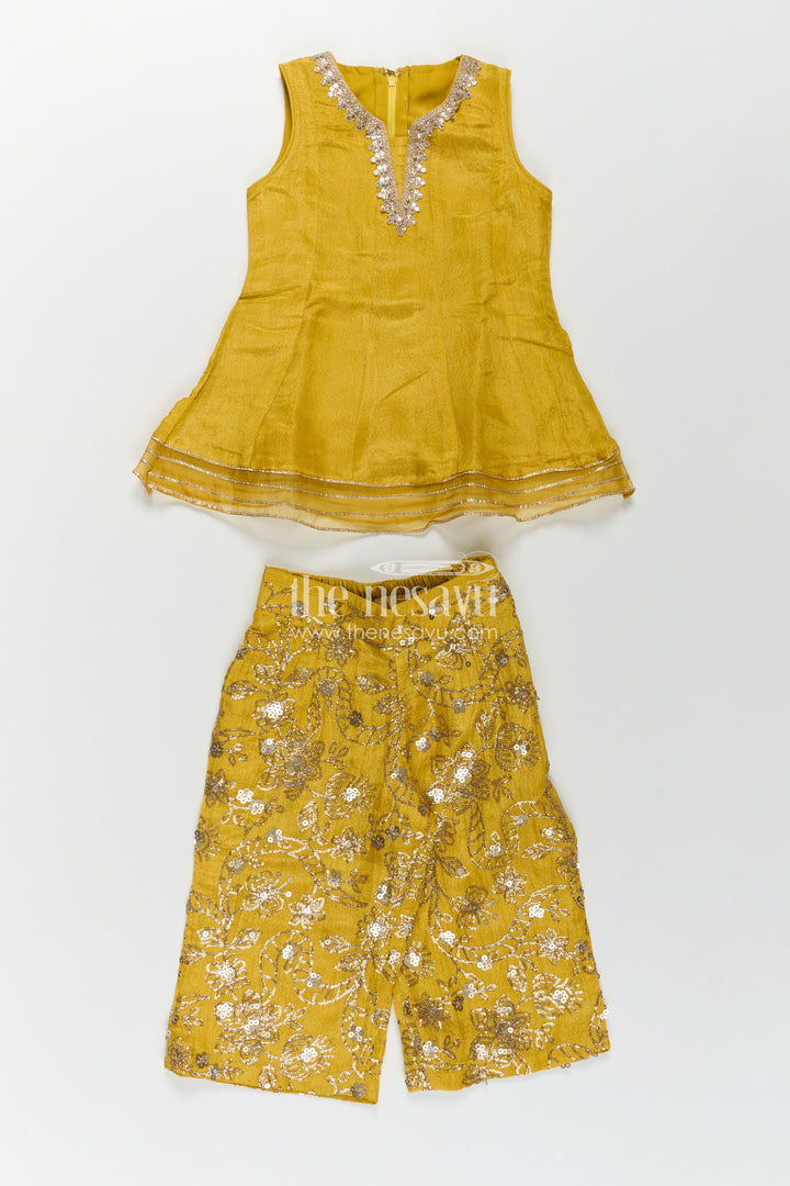 Girls Mustard Dress of Sharara in Viscose Tissue with Designer Sequin Embroidered Pants
