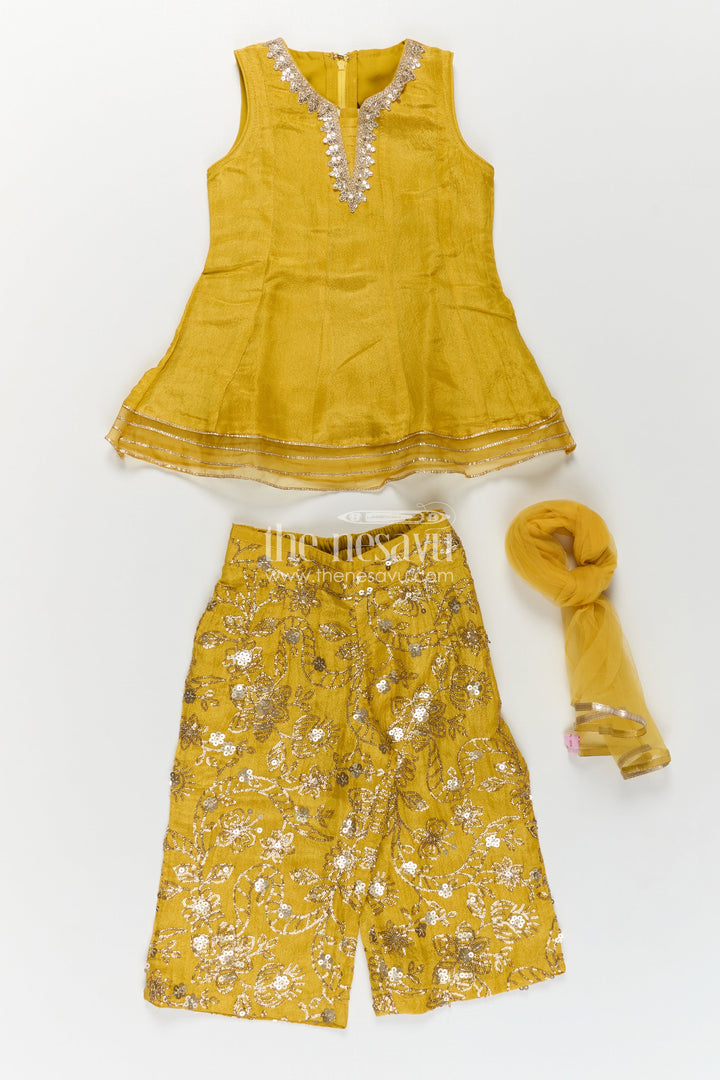 Girls Mustard Dress of Sharara in Viscose Tissue with Designer Sequin Embroidered Pants