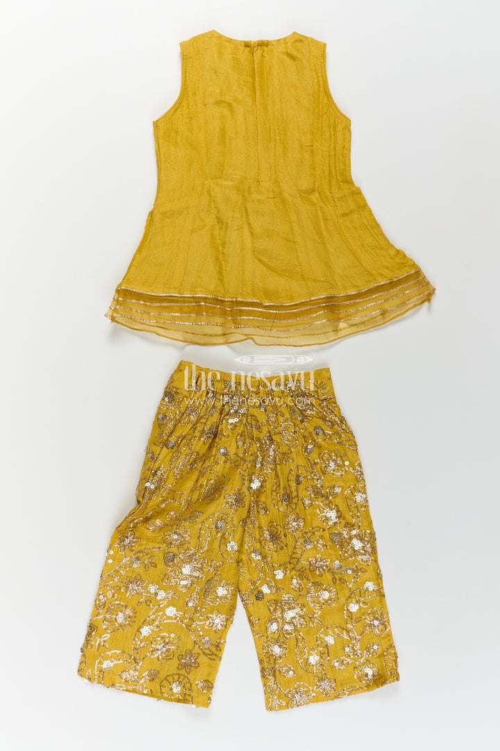 Girls Mustard Dress of Sharara in Viscose Tissue with Designer Sequin Embroidered Pants