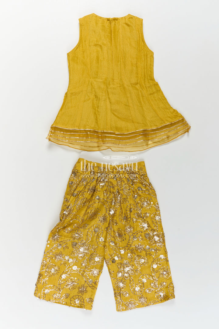 Girls Mustard Dress of Sharara in Viscose Tissue with Designer Sequin Embroidered Pants