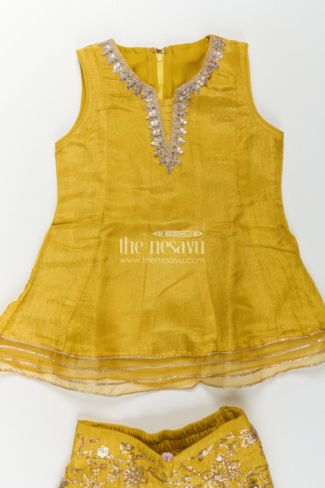 Girls Mustard Dress of Sharara in Viscose Tissue with Designer Sequin Embroidered Pants