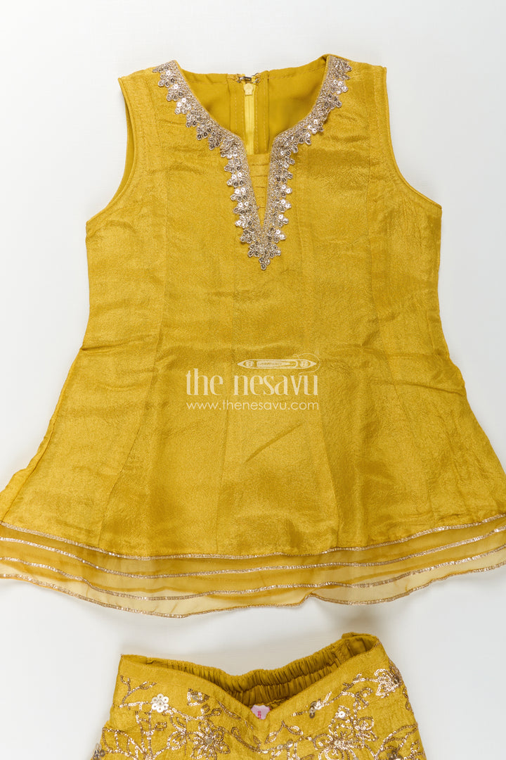 Girls Mustard Dress of Sharara in Viscose Tissue with Designer Sequin Embroidered Pants