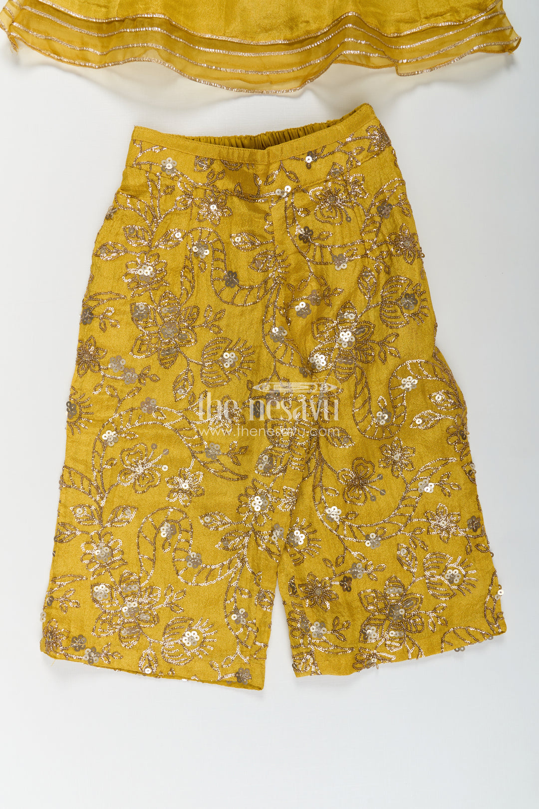 Girls Mustard Dress of Sharara in Viscose Tissue with Designer Sequin Embroidered Pants