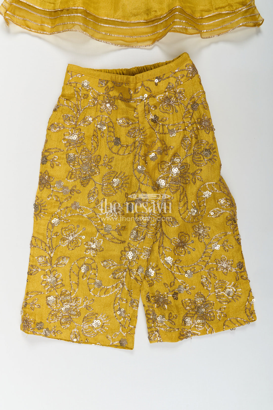 Girls Mustard Dress of Sharara in Viscose Tissue with Designer Sequin Embroidered Pants